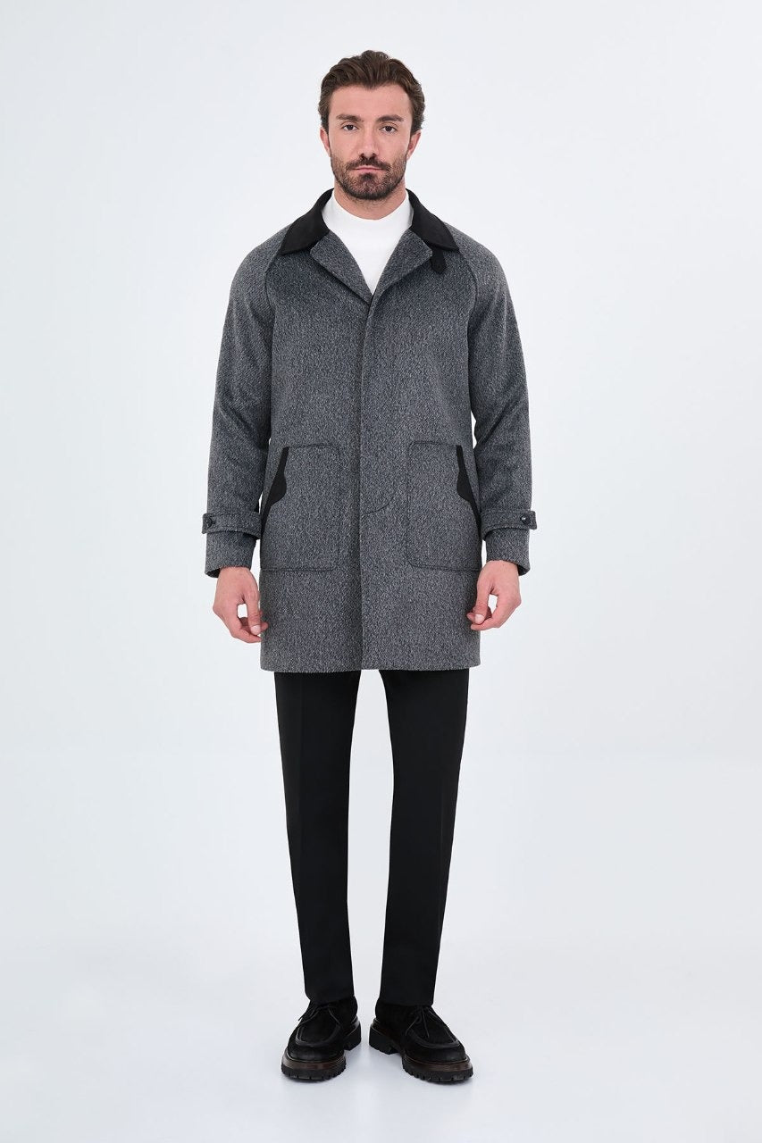 Men’s black wool-blend overcoat with a contrast collar, front full view