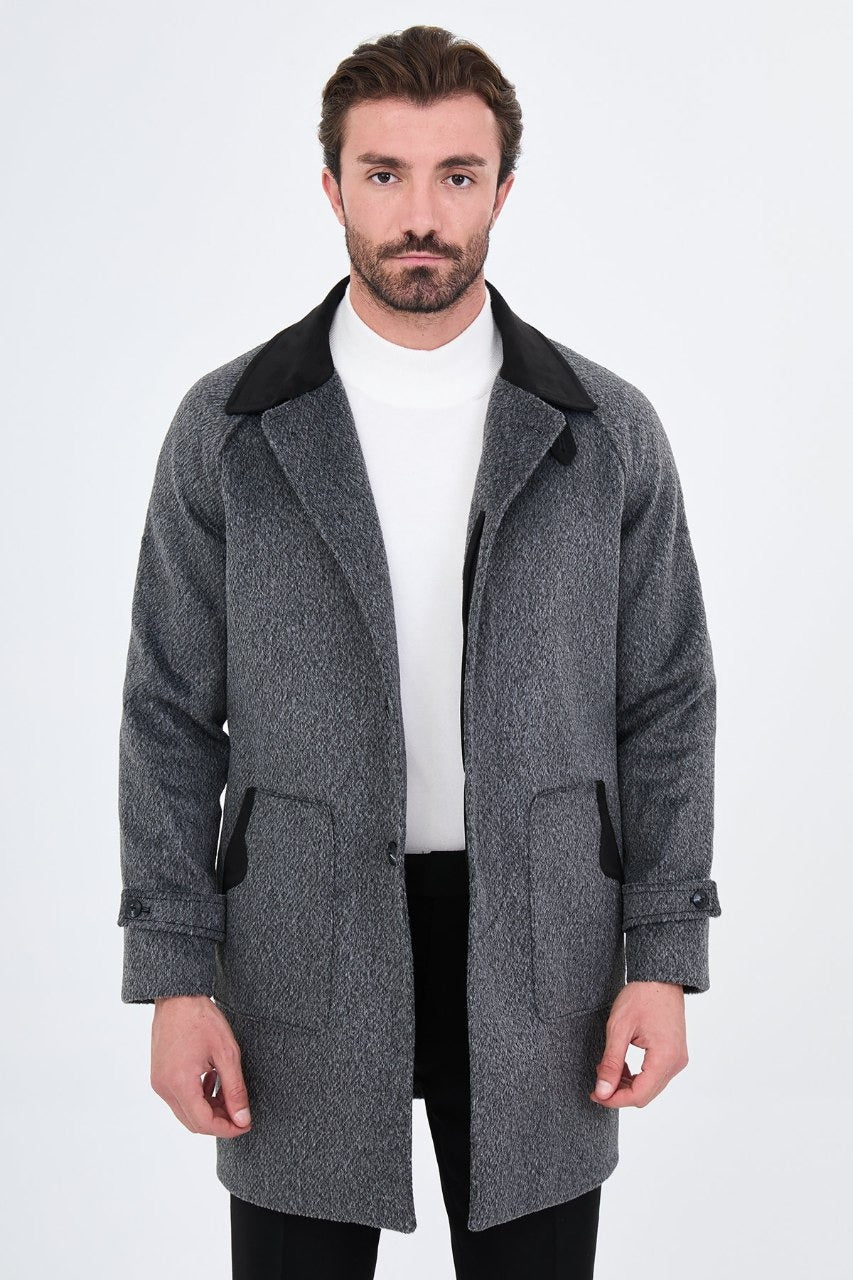 Men’s black wool-blend overcoat with a contrast collar, front open view