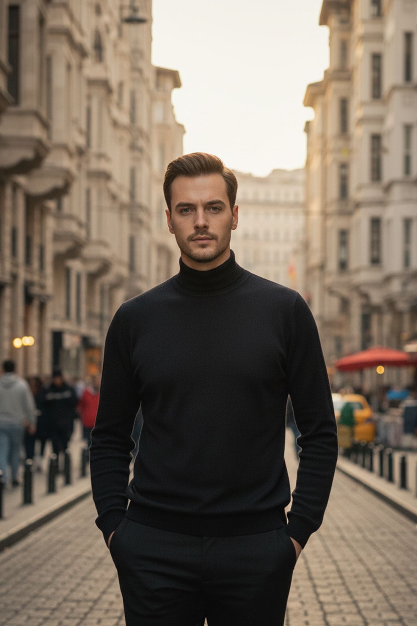 Men's Black Cotton Blend Turtleneck Sweater - SUITHARBOR