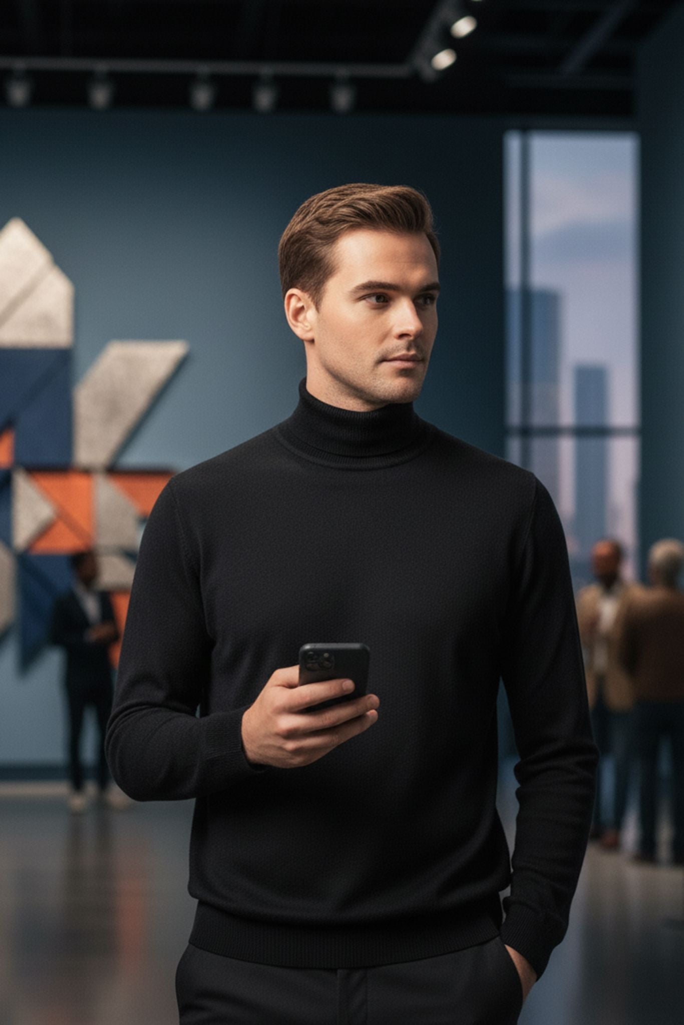 Men's Black Cotton Blend Turtleneck Sweater - SUITHARBOR