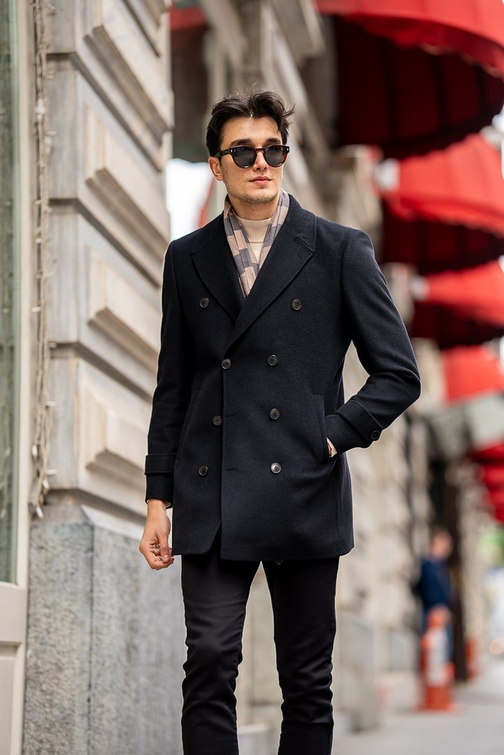 Men’s Black Double - Breasted Pea Coat - SUITHARBOR