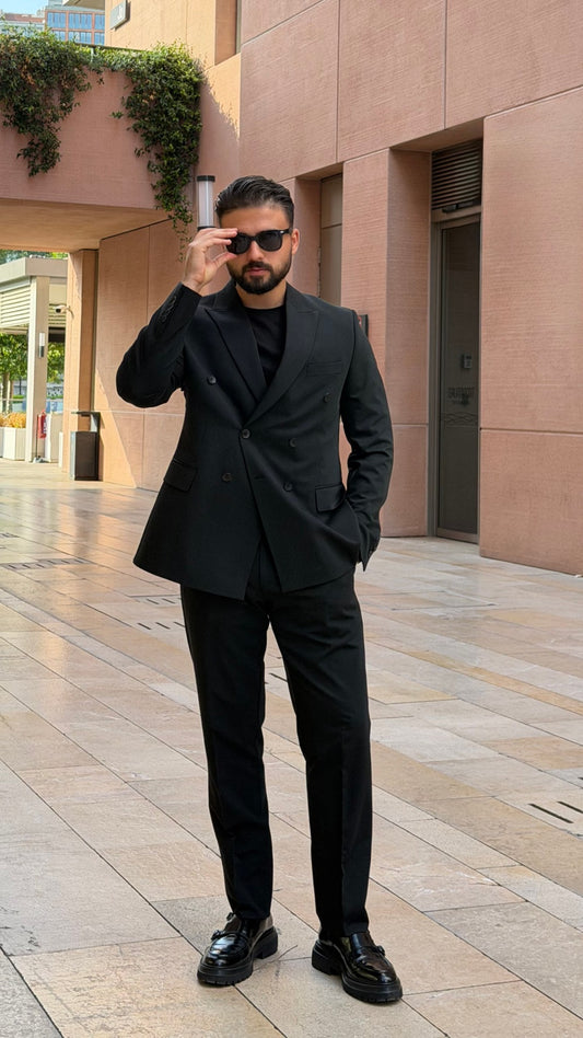 Men's black double-breasted two-piece suit full formal look