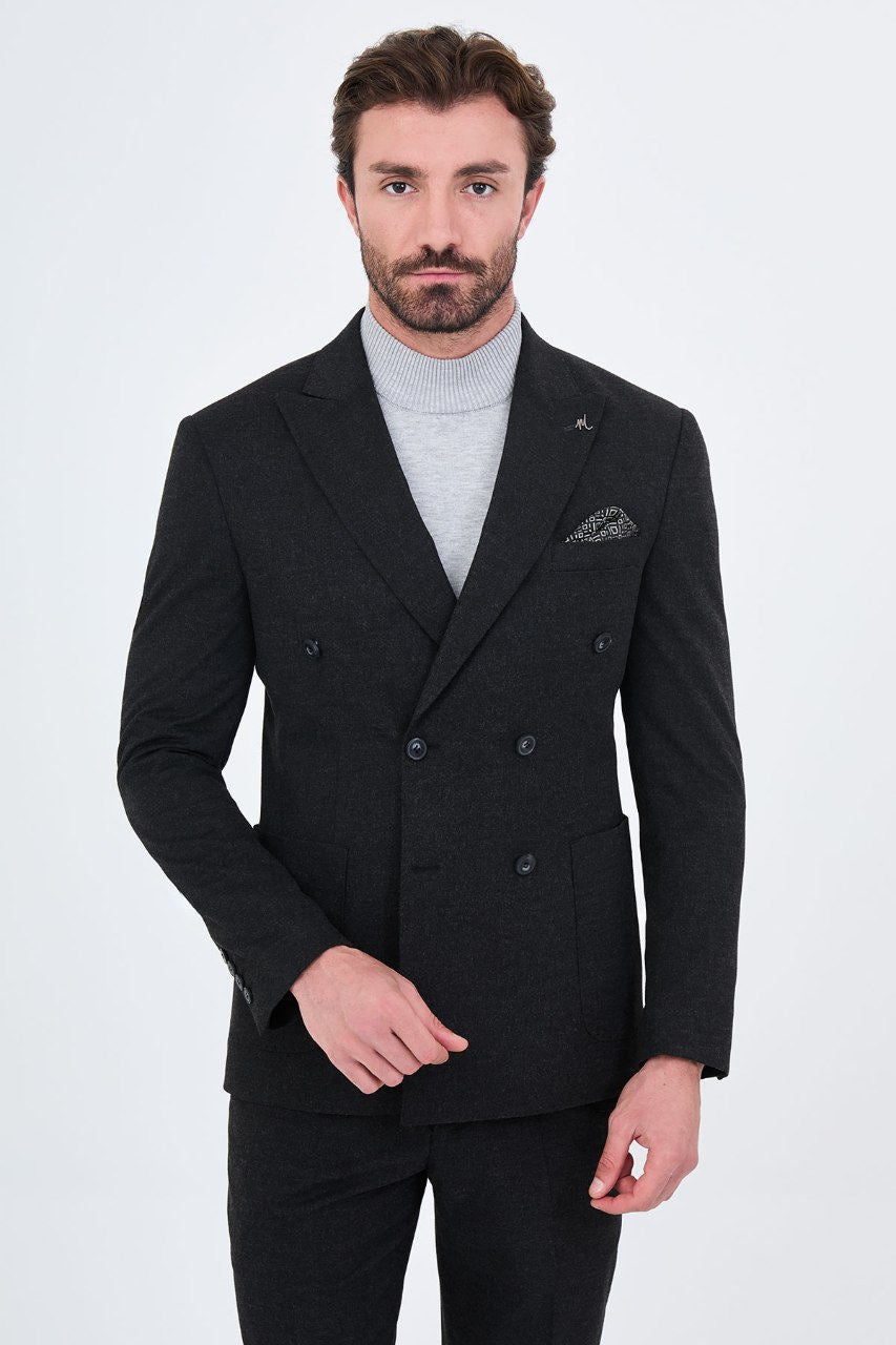 Men's black double-breasted two-piece suit front view