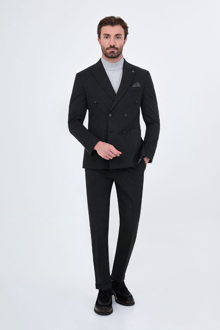 Men's black double-breasted two-piece suit full-length look