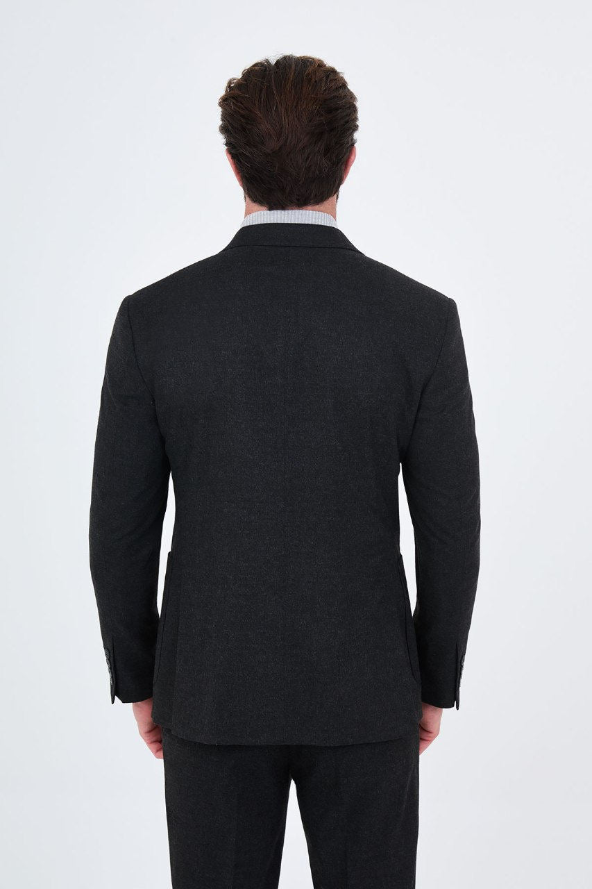 Men's black double-breasted two-piece suit rear view