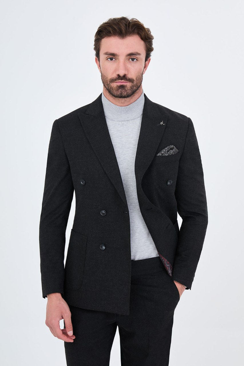Men's black double-breasted two-piece suit jacket styling