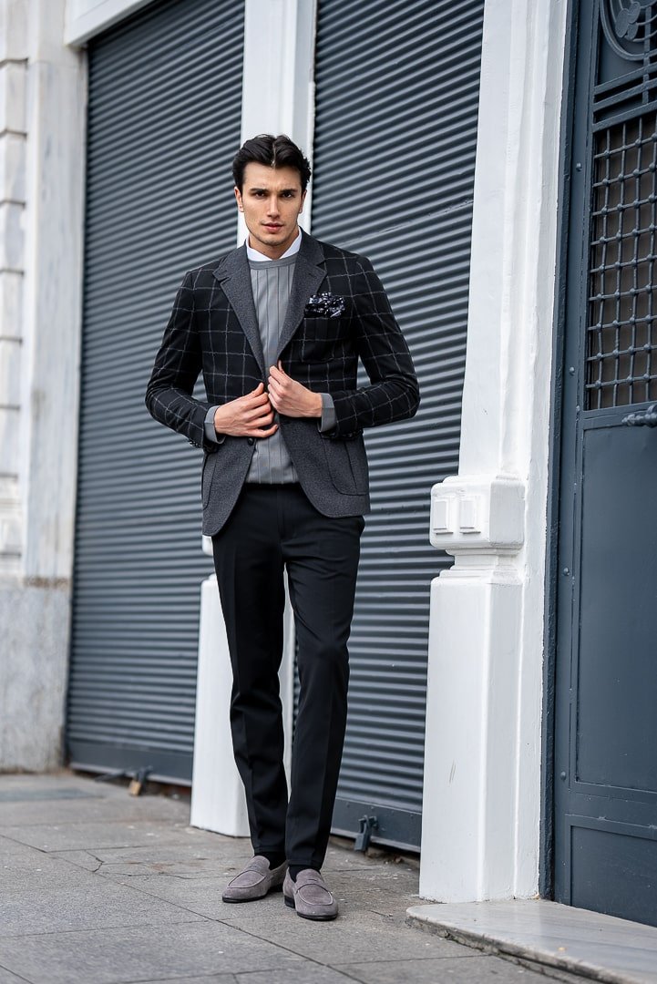 Men’s Black & Grey Checkered Wool Blend Blazer - SUITHARBOR