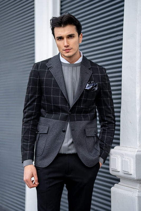 Men’s Black & Grey Checkered Wool Blend Blazer - SUITHARBOR