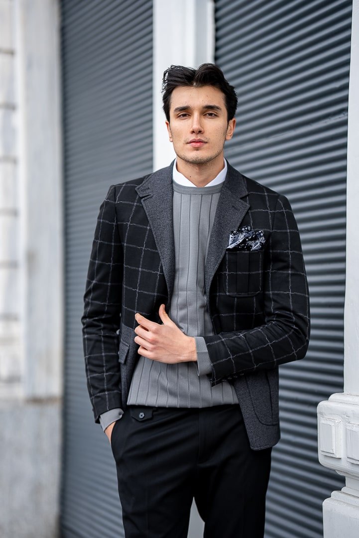 Men’s Black & Grey Checkered Wool Blend Blazer - SUITHARBOR