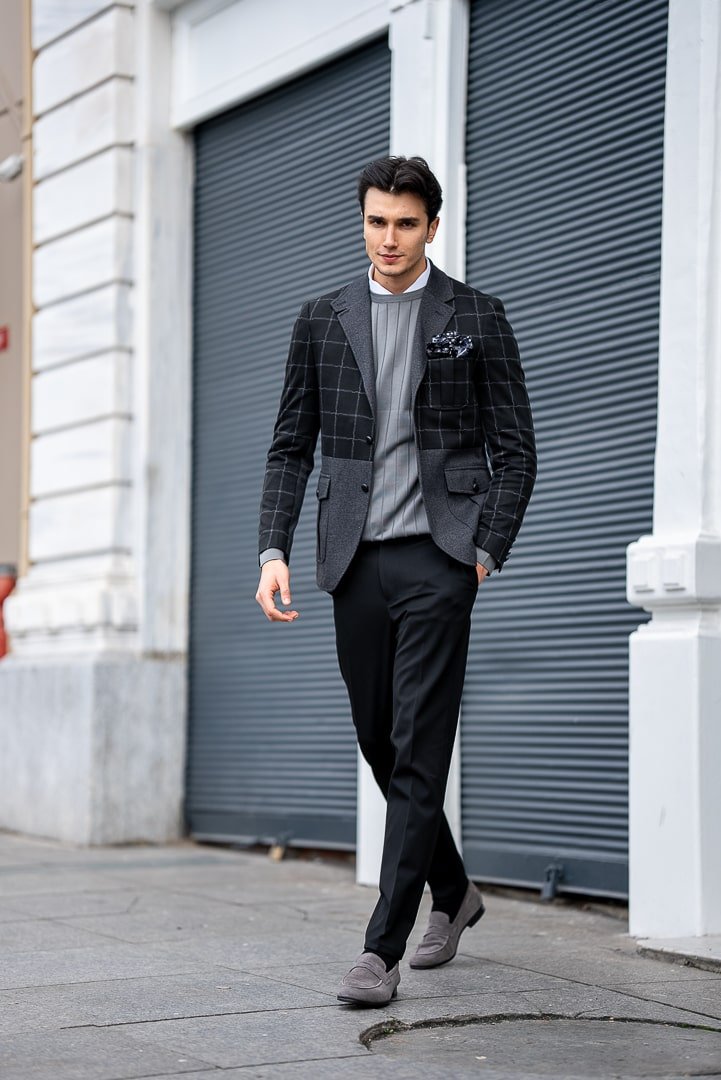 Men’s Black & Grey Checkered Wool Blend Blazer - SUITHARBOR