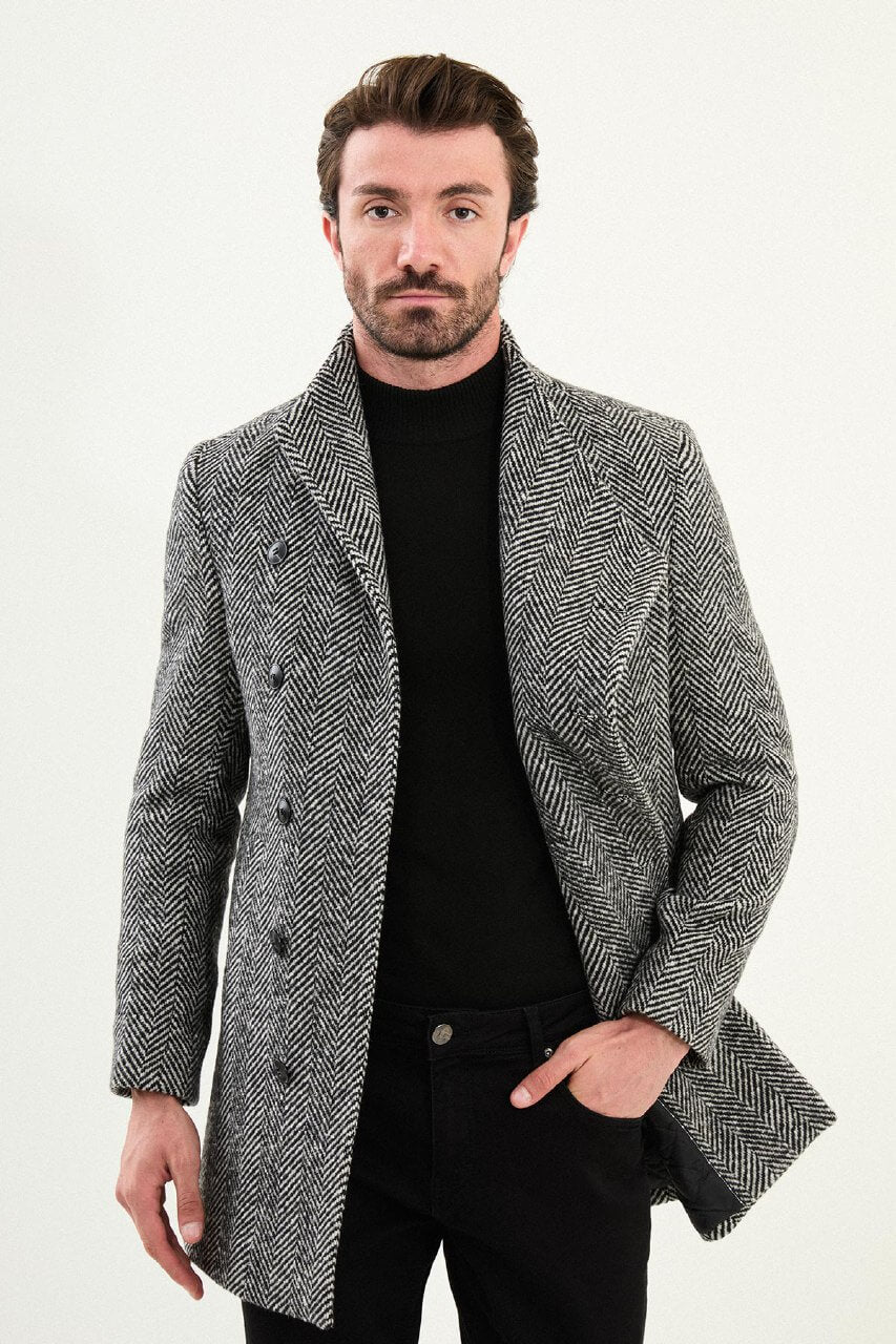 Men’s Black Herringbone Double Breasted Wool Overcoat - SUITHARBOR