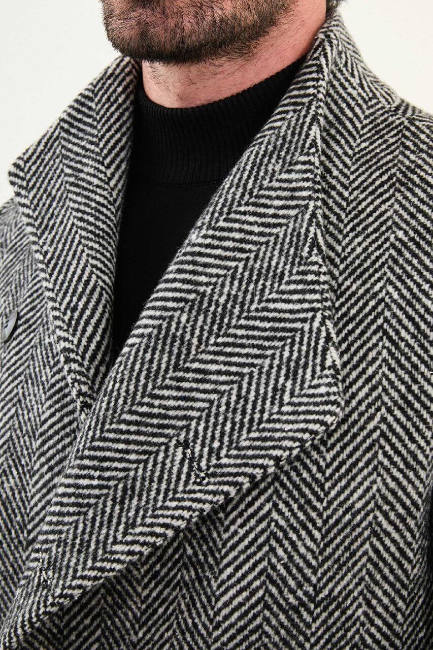 Men’s Black Herringbone Double Breasted Wool Overcoat - SUITHARBOR