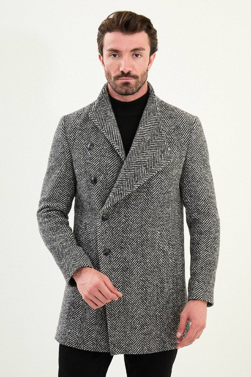 Men’s Black Herringbone Double Breasted Wool Overcoat - SUITHARBOR