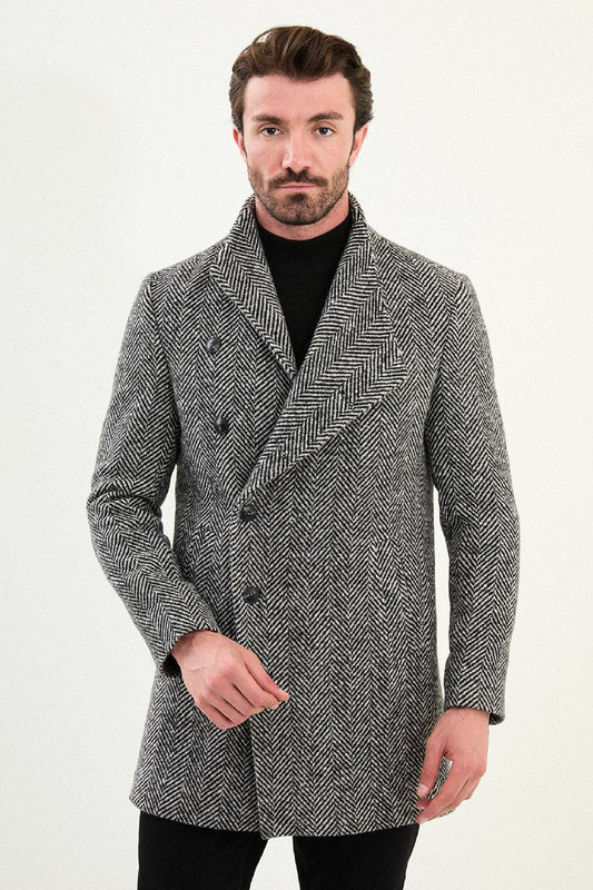 Men’s Black Herringbone Double Breasted Wool Overcoat - SUITHARBOR