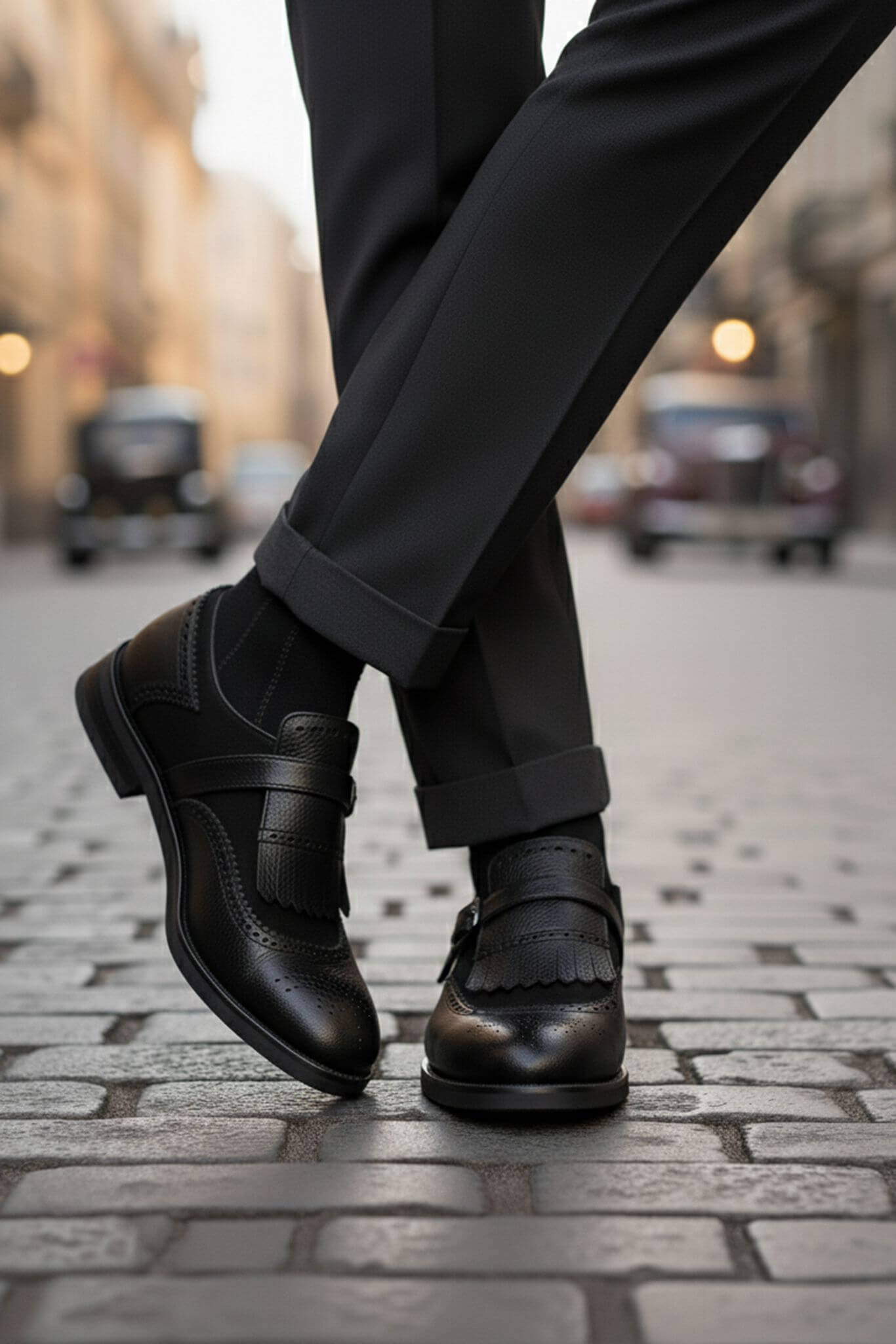Men's Black Kiltie Single Monk Strap Shoes | Brogue Calfskin - SUITHARBOR
