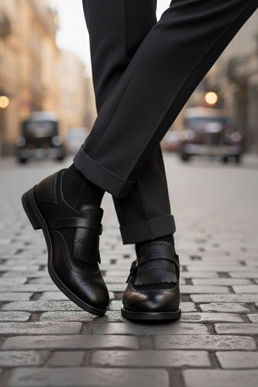 Men's Black Kiltie Single Monk Strap Shoes | Brogue Calfskin - SUITHARBOR