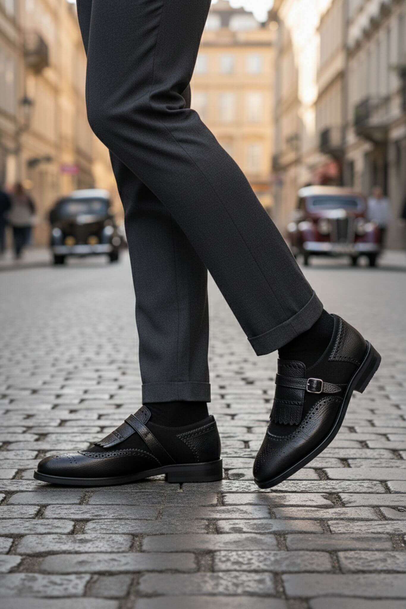 Men's Black Kiltie Single Monk Strap Shoes | Brogue Calfskin - SUITHARBOR