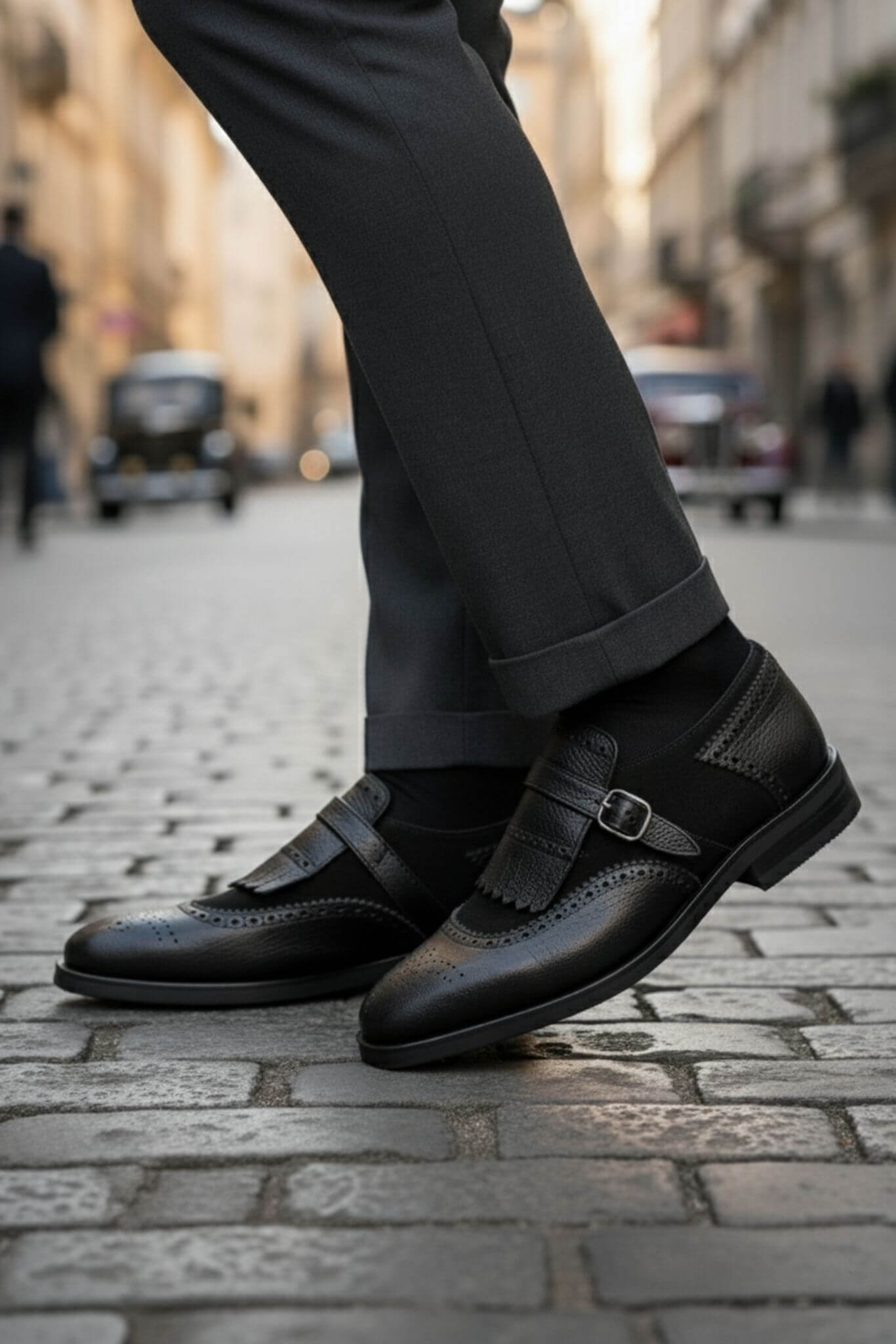 Men's Black Kiltie Single Monk Strap Shoes | Brogue Calfskin - SUITHARBOR