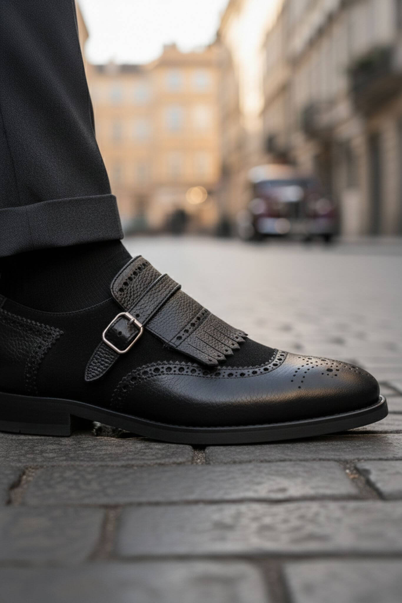 Men's Black Kiltie Single Monk Strap Shoes | Brogue Calfskin - SUITHARBOR