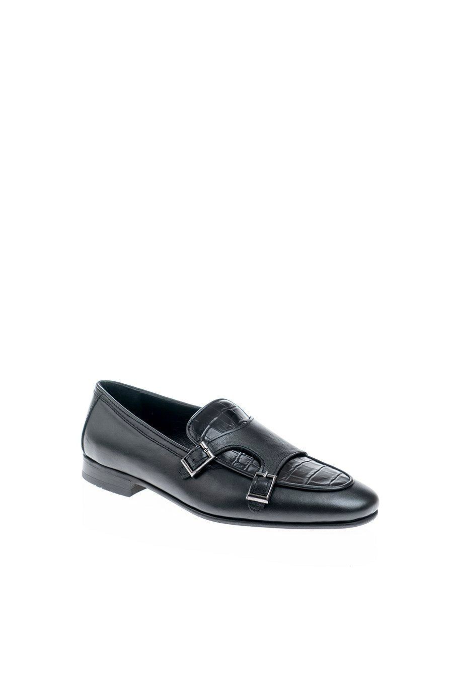 Men’s Black Leather Double Monk Strap Loafers - SUITHARBOR