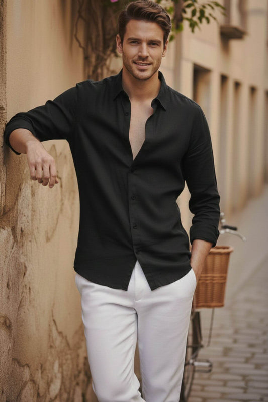 Men's Black Linen Button - Up Shirt - SUITHARBOR