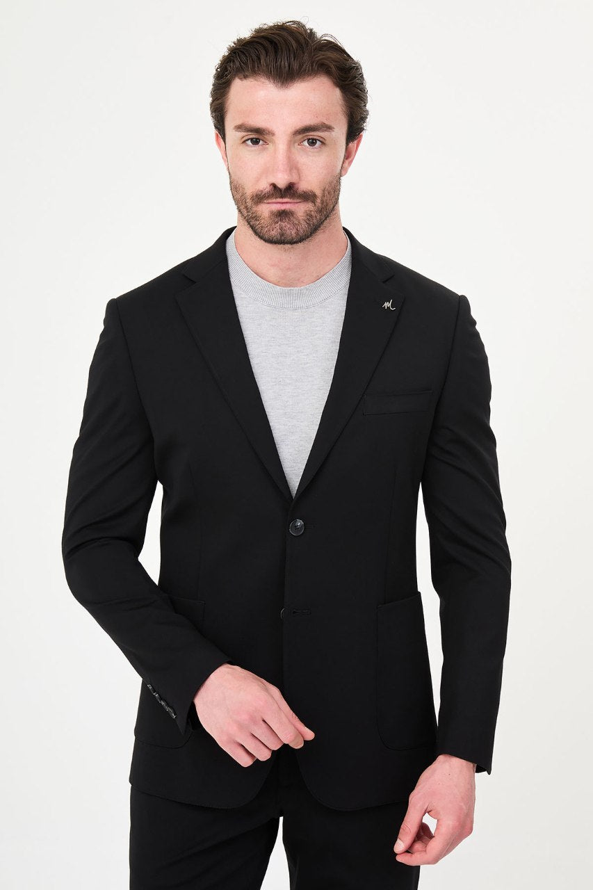 Men's black two-piece suit two-button jacket front