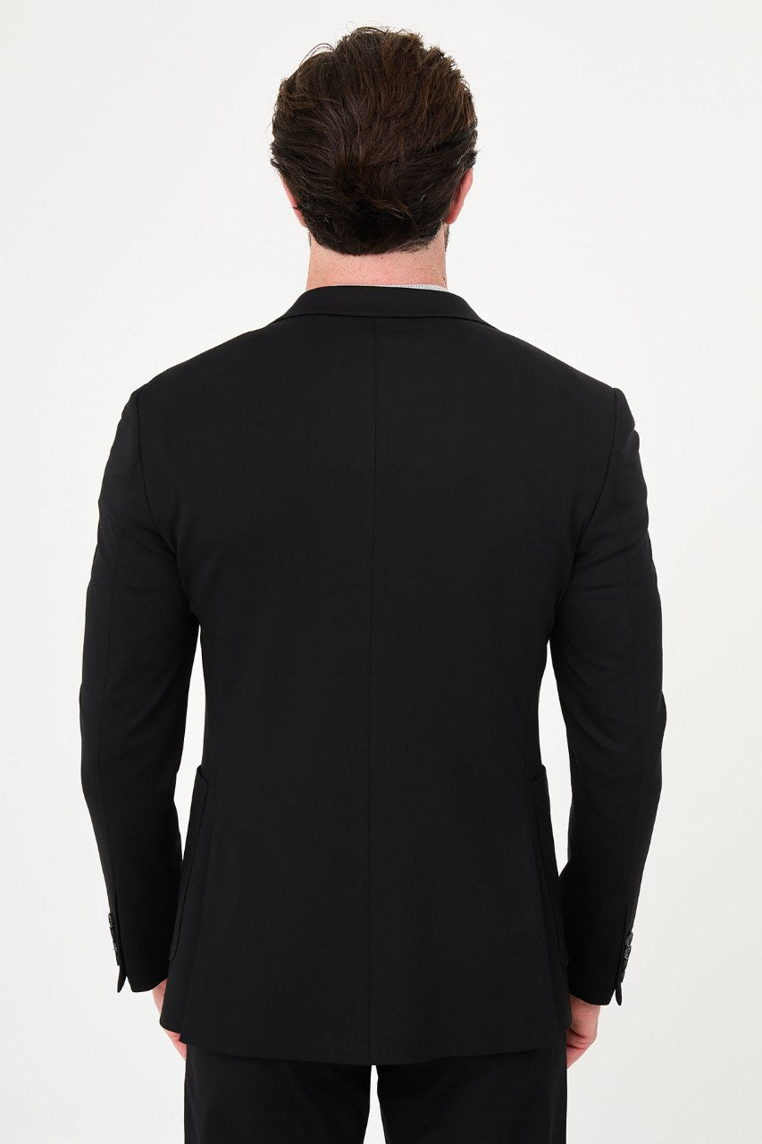 Men's black two-piece suit rear jacket view