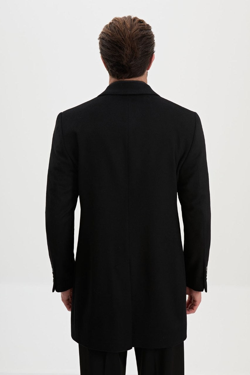 Men’s black wool-blend overcoat with notch lapels, back view