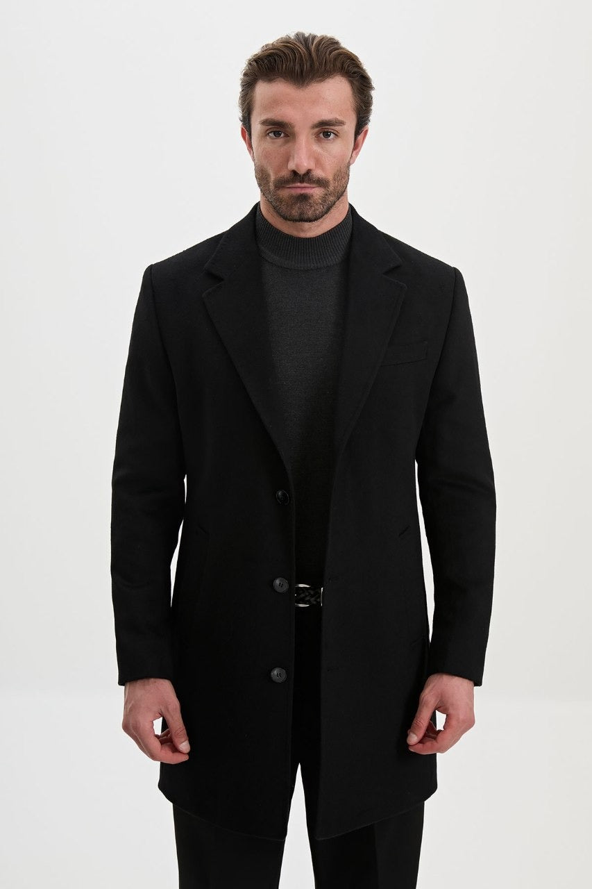 Men’s black wool-blend overcoat with notch lapels, front fastened view