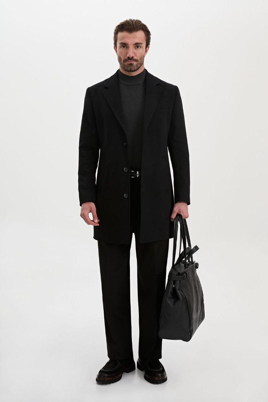 Men’s black wool-blend overcoat with notch lapels, front full view