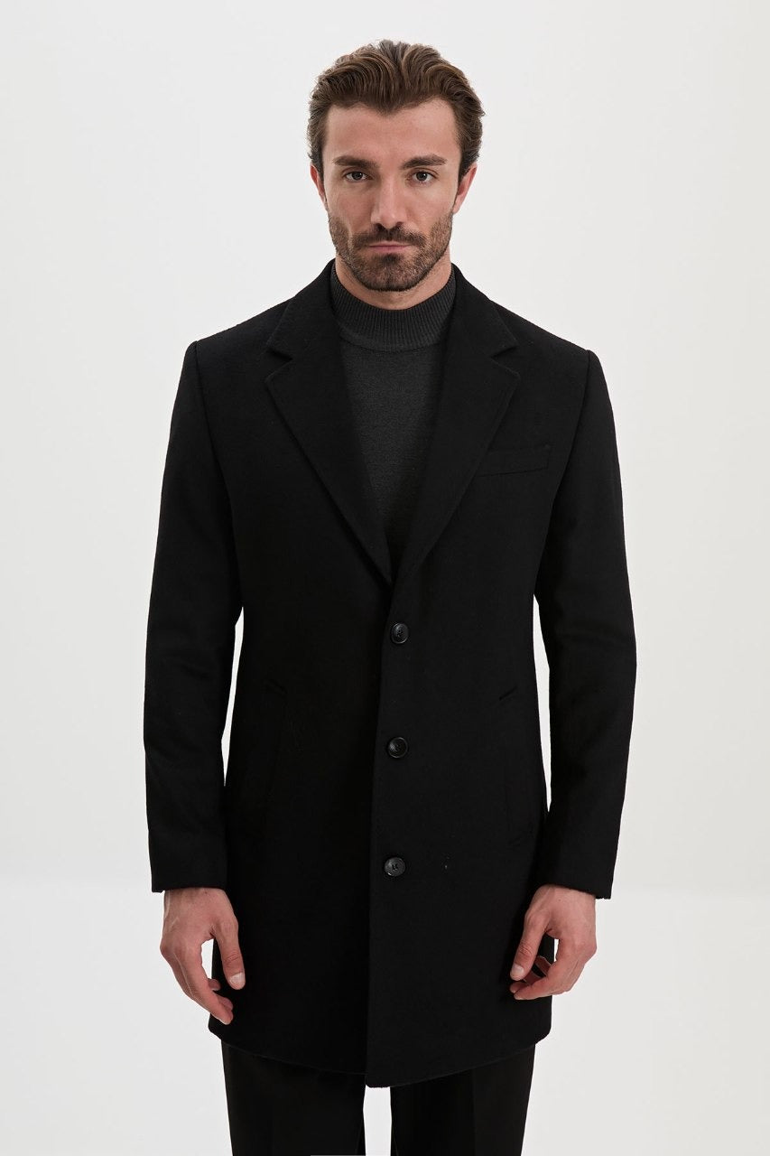 Men’s black wool-blend overcoat with notch lapels, front open view