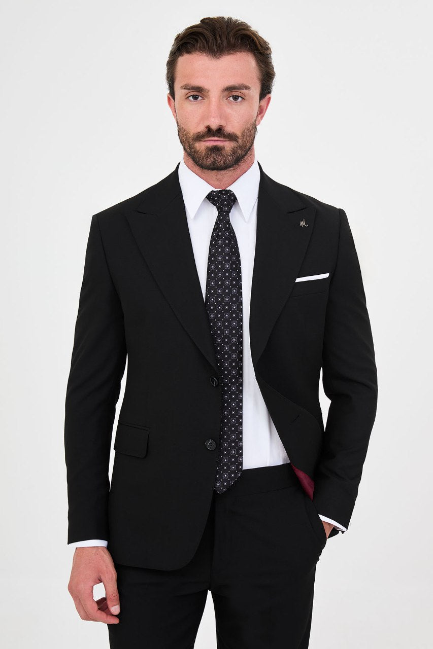 Men's black slim-fit two-piece suit front styling
