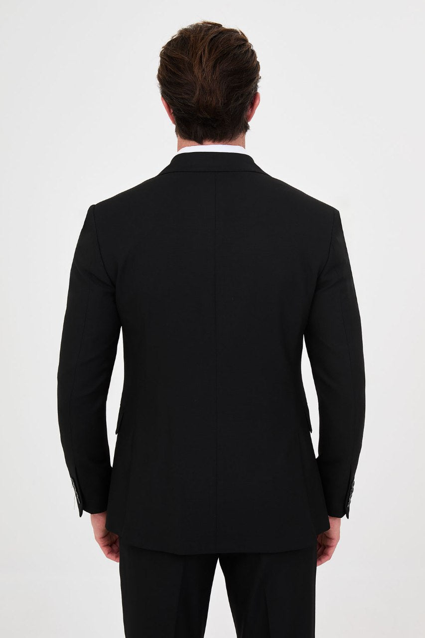 Men's black slim-fit two-piece suit back view