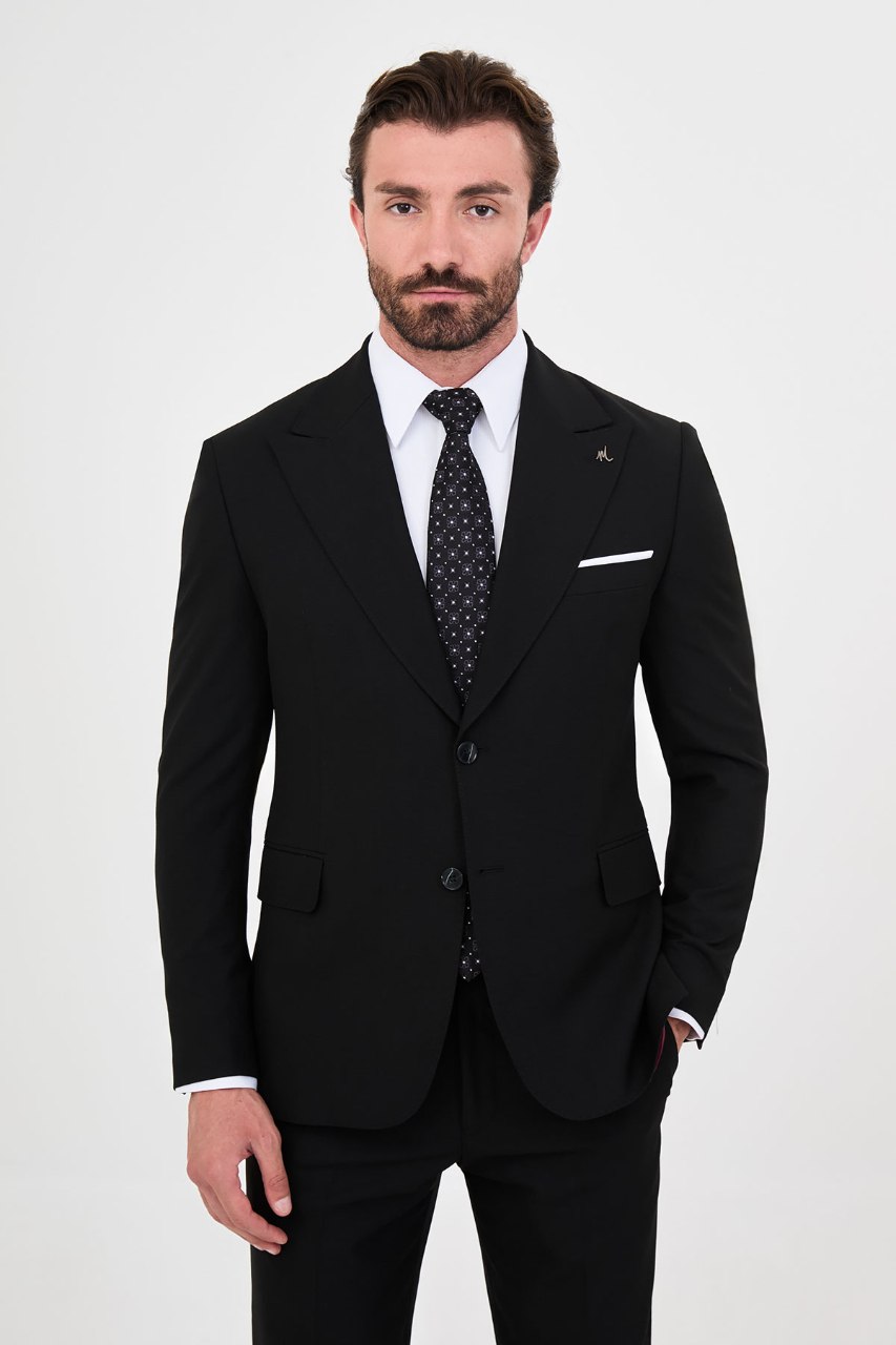 Men's black slim-fit two-piece suit jacket front detail