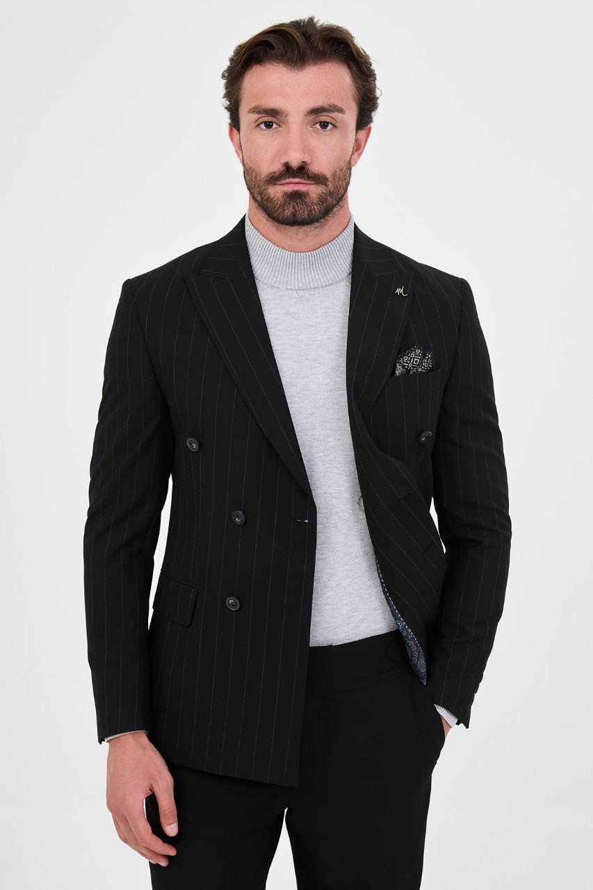 Men's black pinstripe double-breasted suit jacket front view