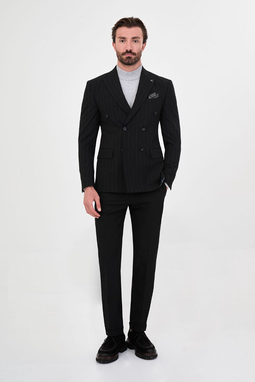 Men's black pinstripe double-breasted suit full-length outfit