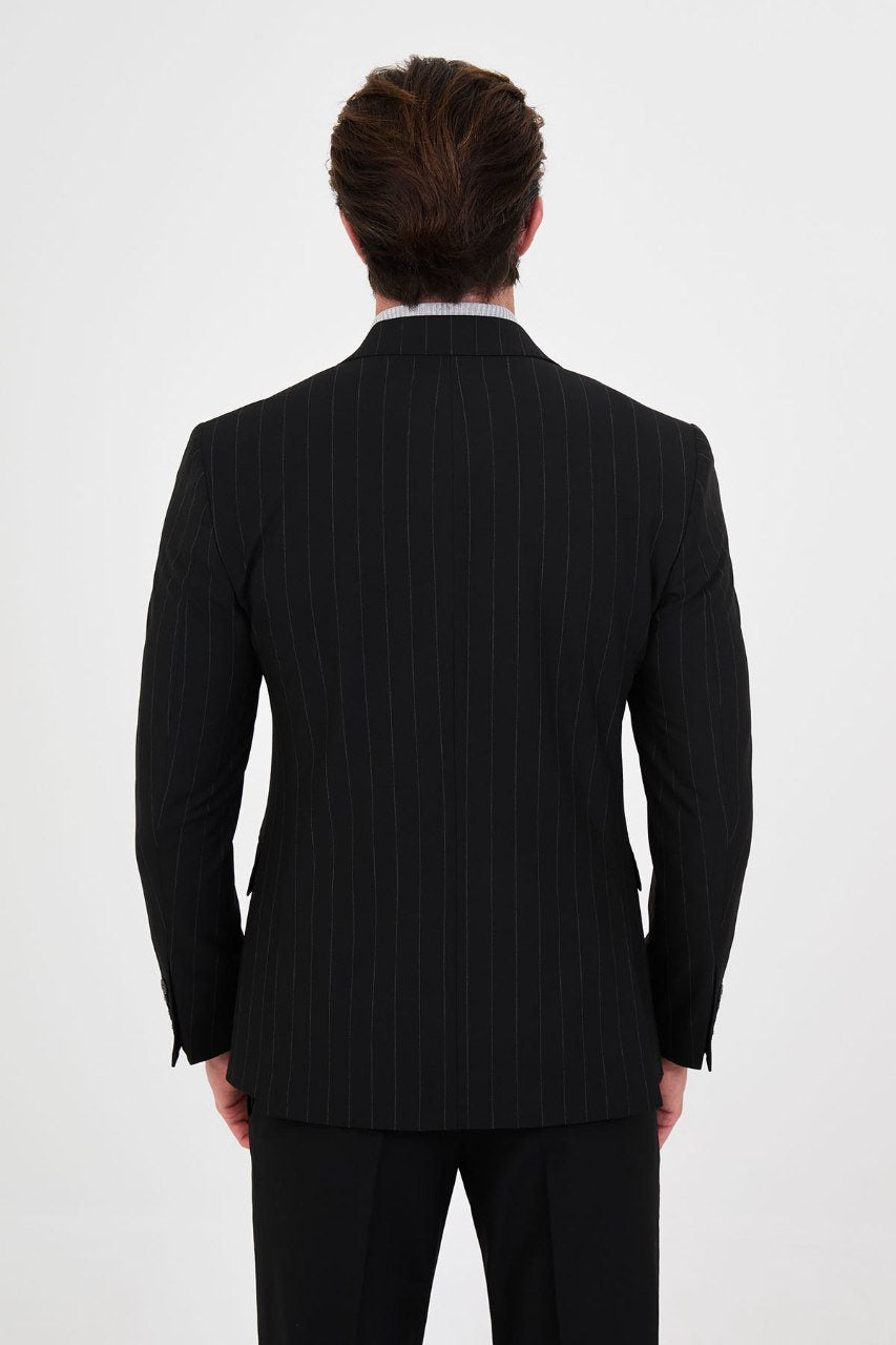 Men's black pinstripe double-breasted suit back view