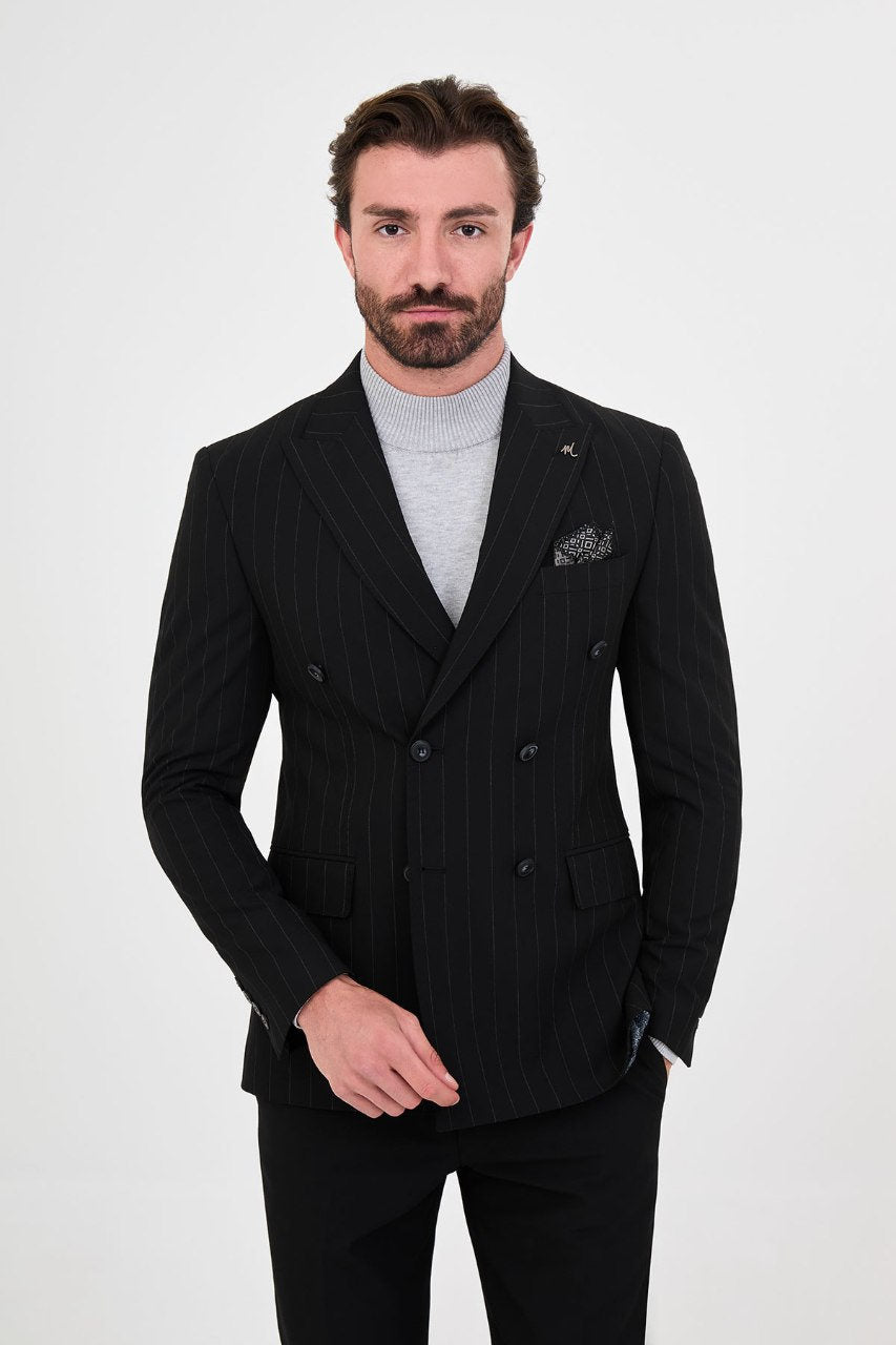 Men's black pinstripe double-breasted suit front styling view