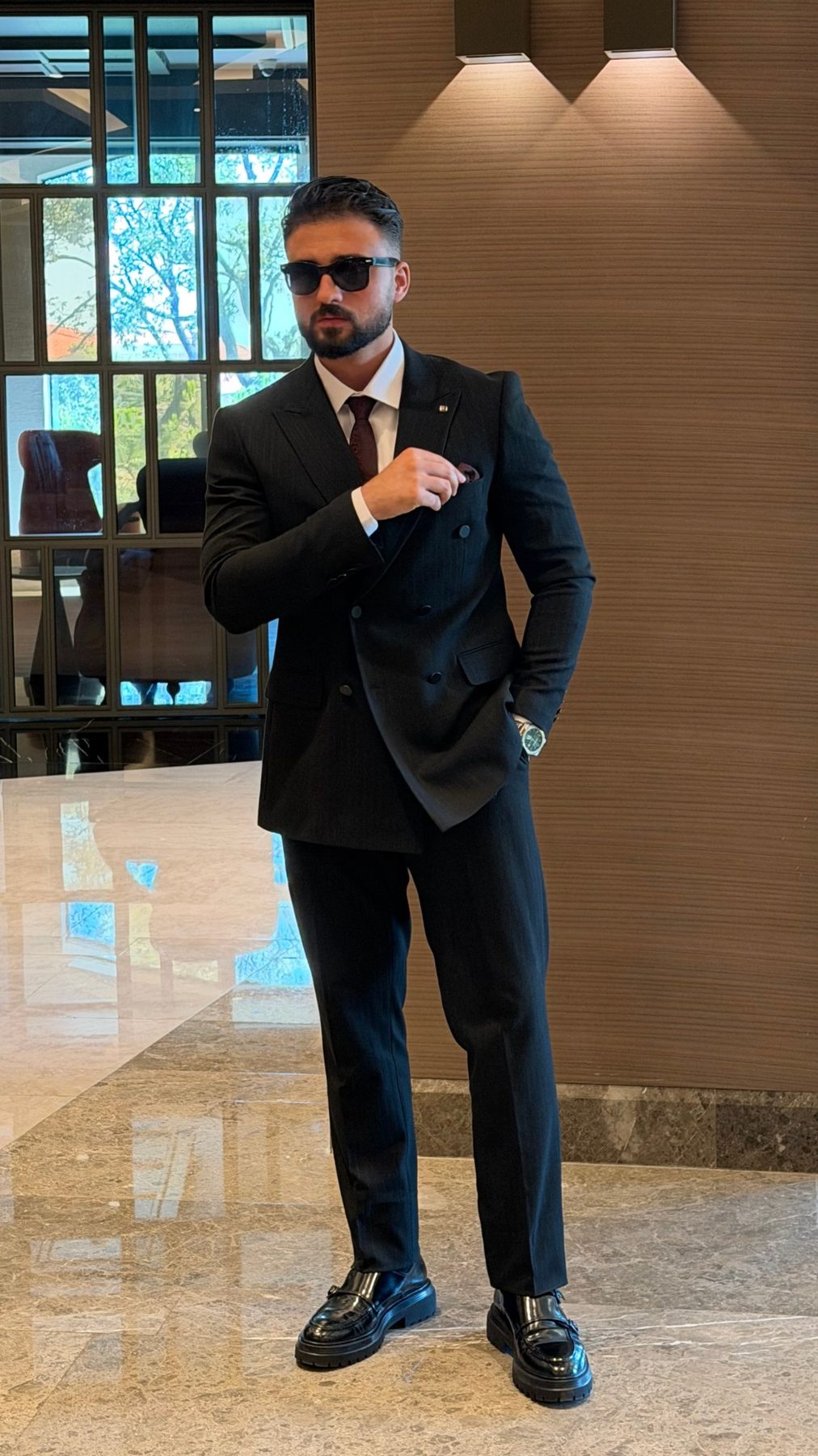 Men's black pinstripe double-breasted two-piece suit front view