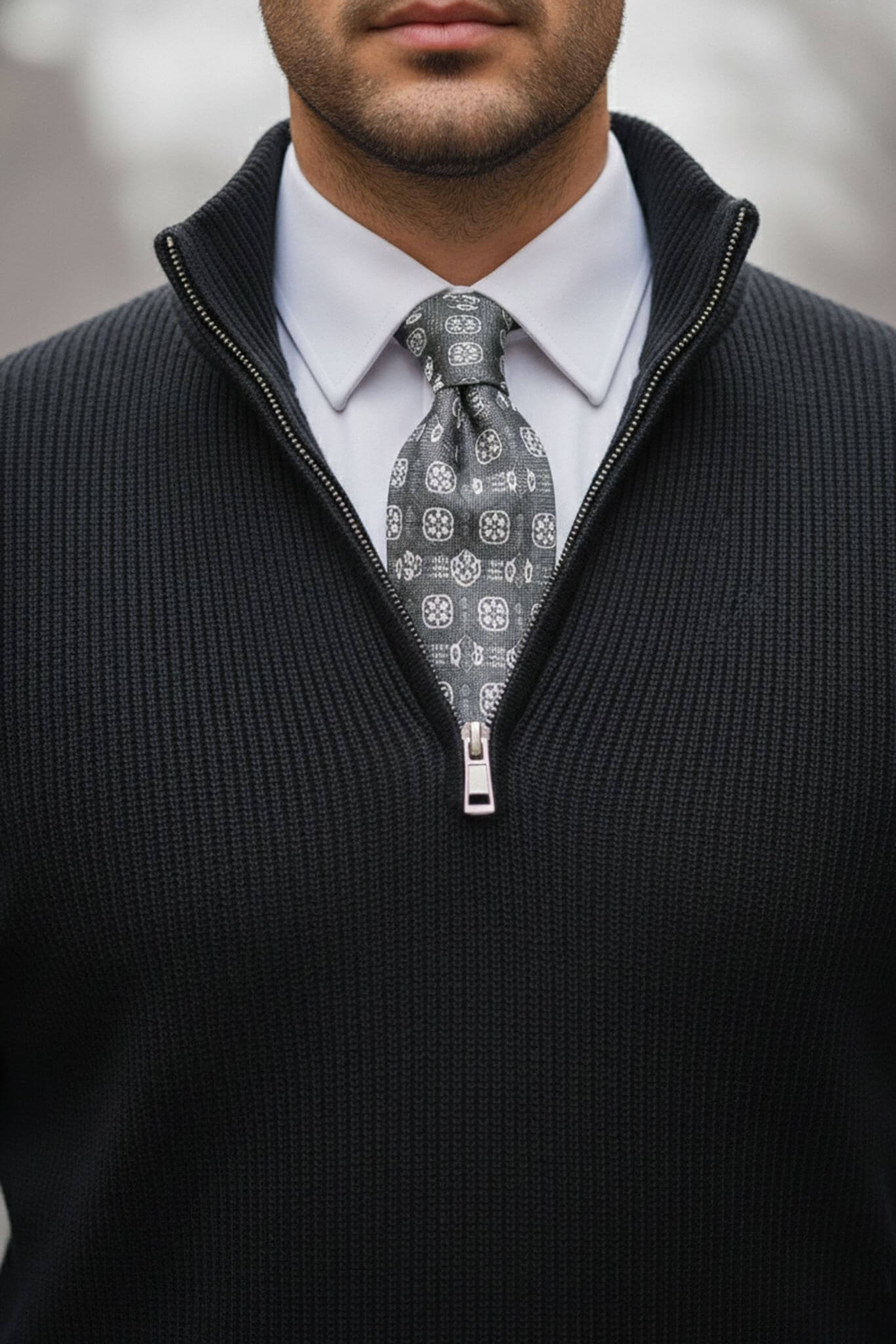 Men's Black Ribbed Quarter - Zip Sweater - SUITHARBOR