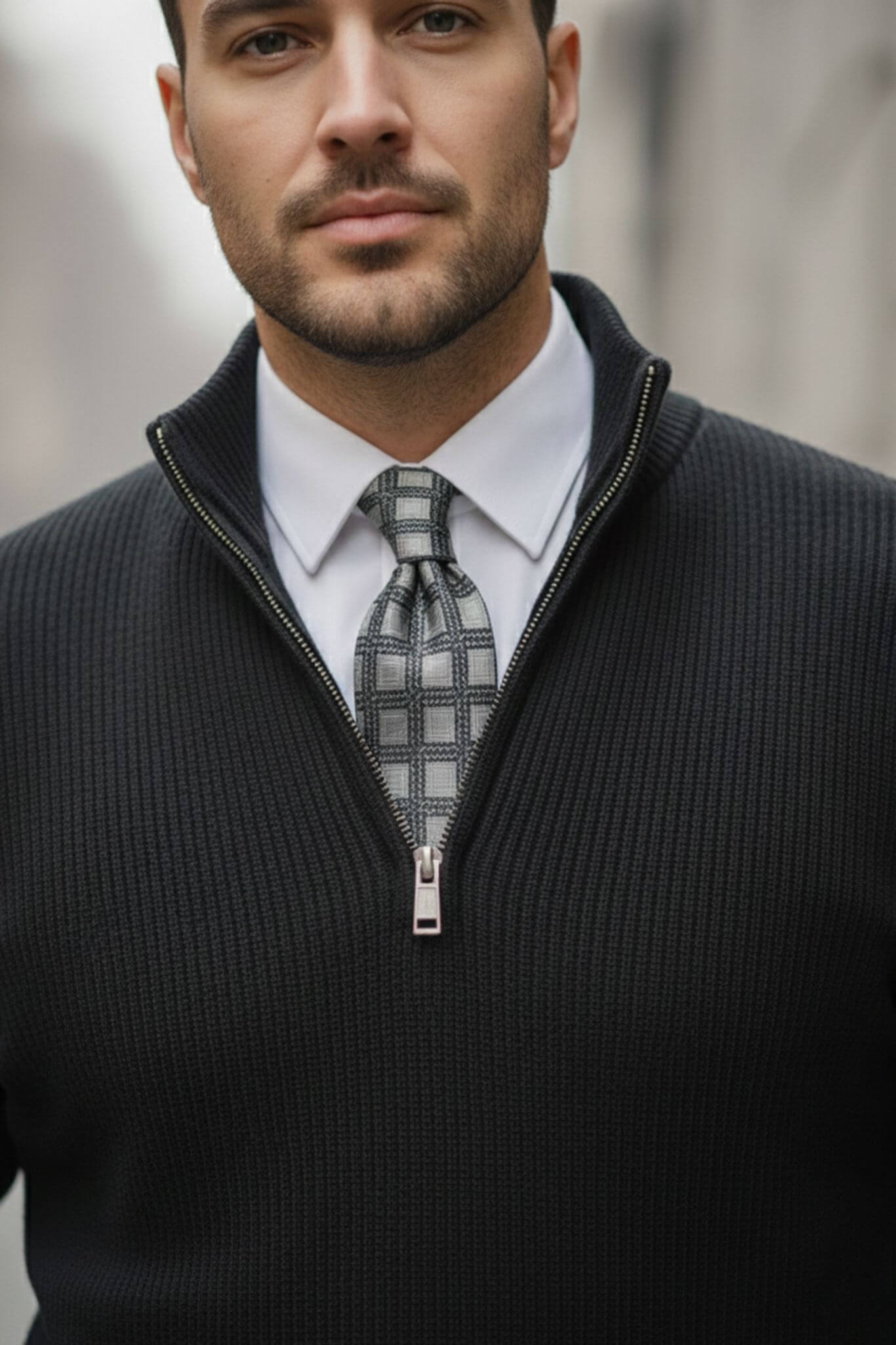 Men's Black Ribbed Quarter - Zip Sweater - SUITHARBOR