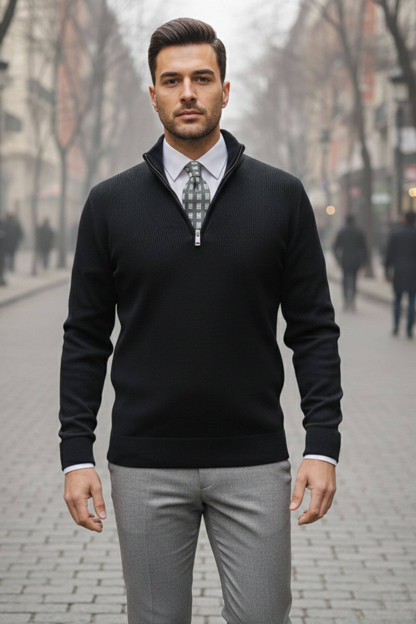 Men's Black Ribbed Quarter - Zip Sweater - SUITHARBOR