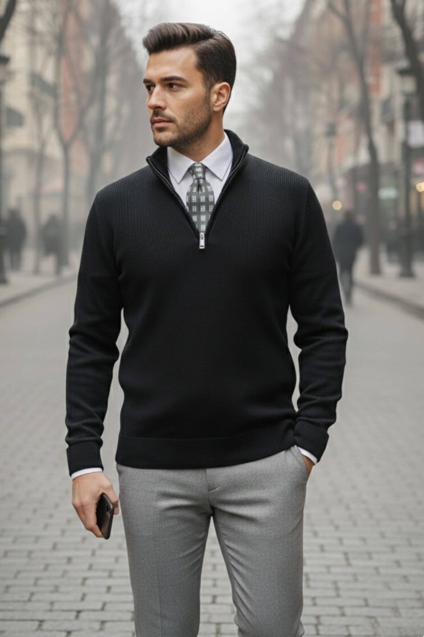 Men's Black Ribbed Quarter - Zip Sweater - SUITHARBOR