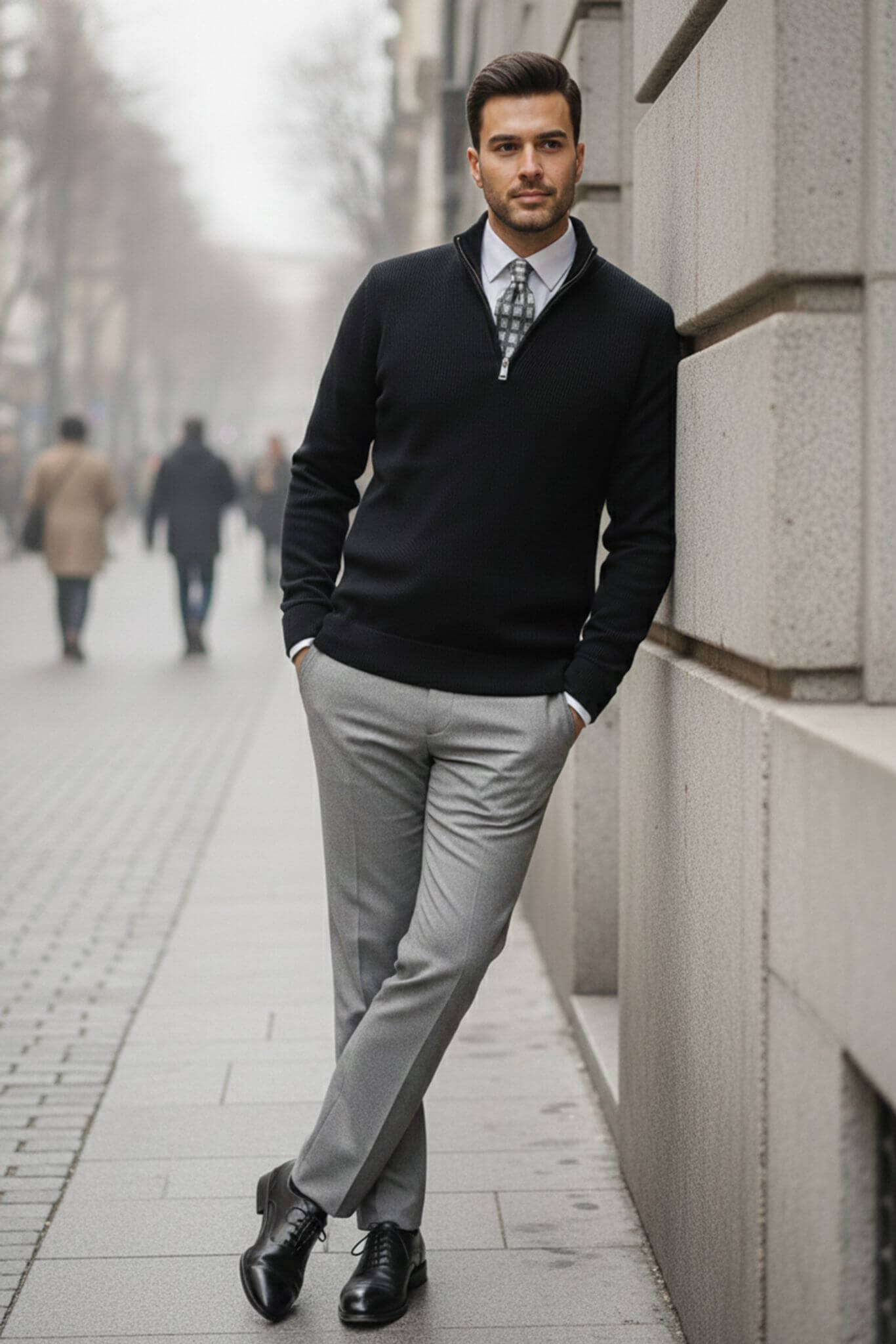 Men's Black Ribbed Quarter - Zip Sweater - SUITHARBOR