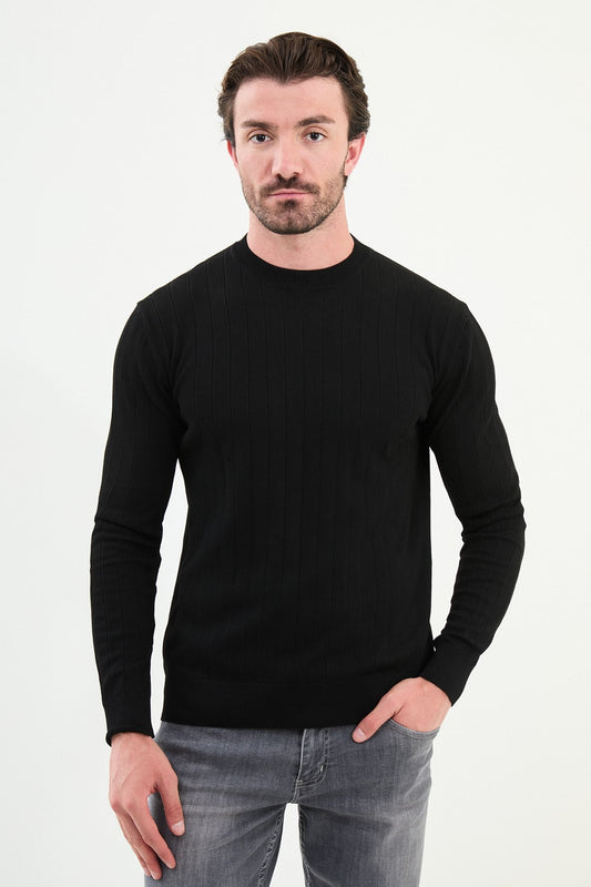 Men’s Black Ribbed Slim Fit Knitwear Mockup Sweater - SUITHARBOR