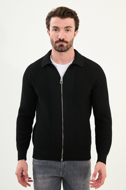 Men’s Black Ribbed Slim Fit Zip - Up Knitwear Cardigan Sweater - SUITHARBOR