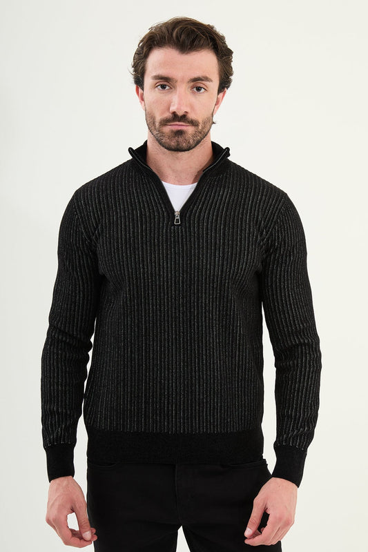 Men’s Black Ribbed Stripe Half - Zip Knitwear Sweater - SUITHARBOR