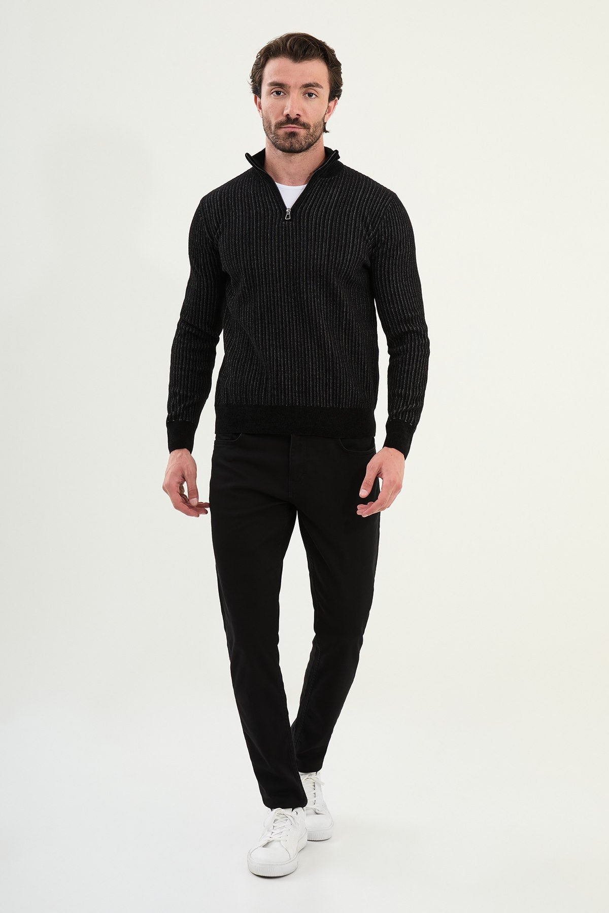 Men’s Black Ribbed Stripe Half - Zip Knitwear Sweater - SUITHARBOR