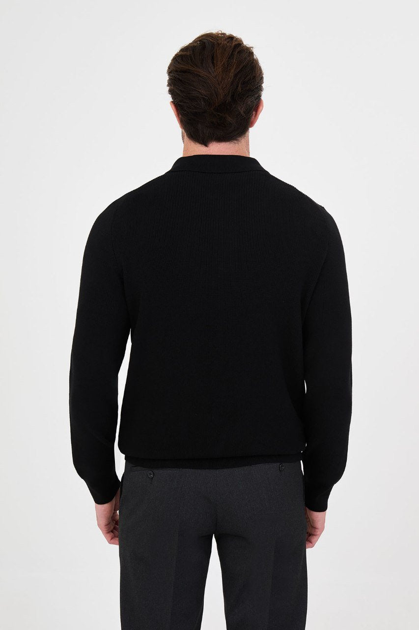 Back view of the men's black ribbed zip-polo sweater