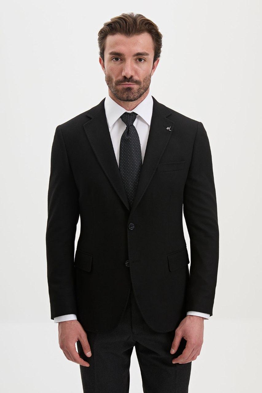 Men's black blazer, front closer view